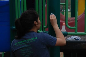 Young woman working on the playscape.